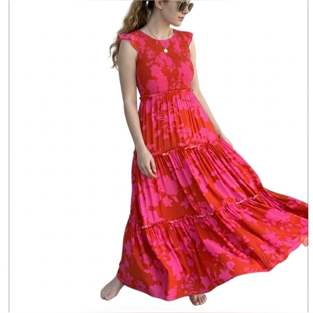 Abel The Label Pink Red Floral Smocked Tiered Maxi Dress Small Flaw Size Small